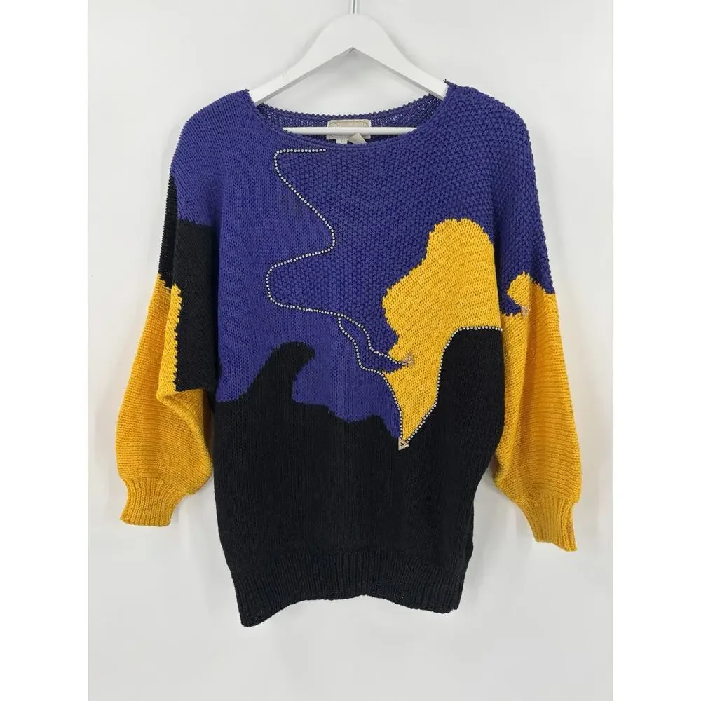 Nannell Vintage Sweater Womens Large Purple Black Yellow Beaded Rhinestones